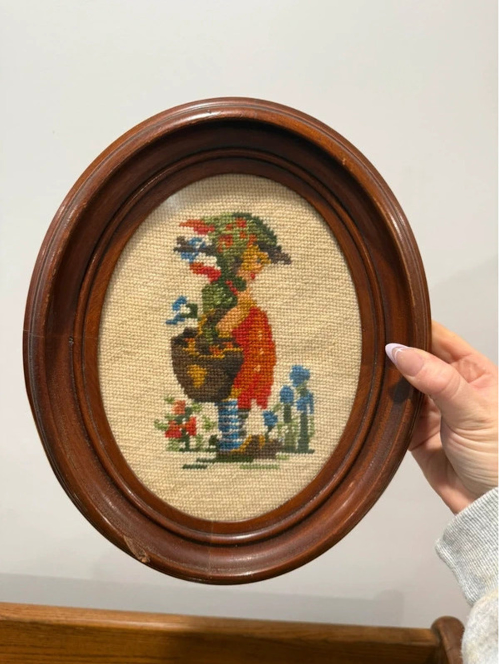 Vintage Framed Needlepoint Gardener Wall Art Oval Wood Frame child german dutch